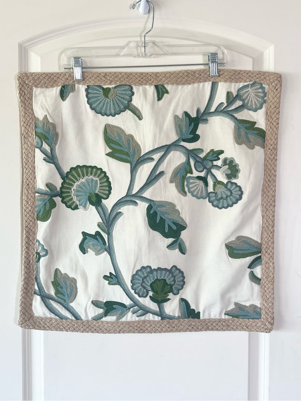 Vintage Pottery Barn Blue Green Floral Crewel Work Embroidered Pillow Sham 2018